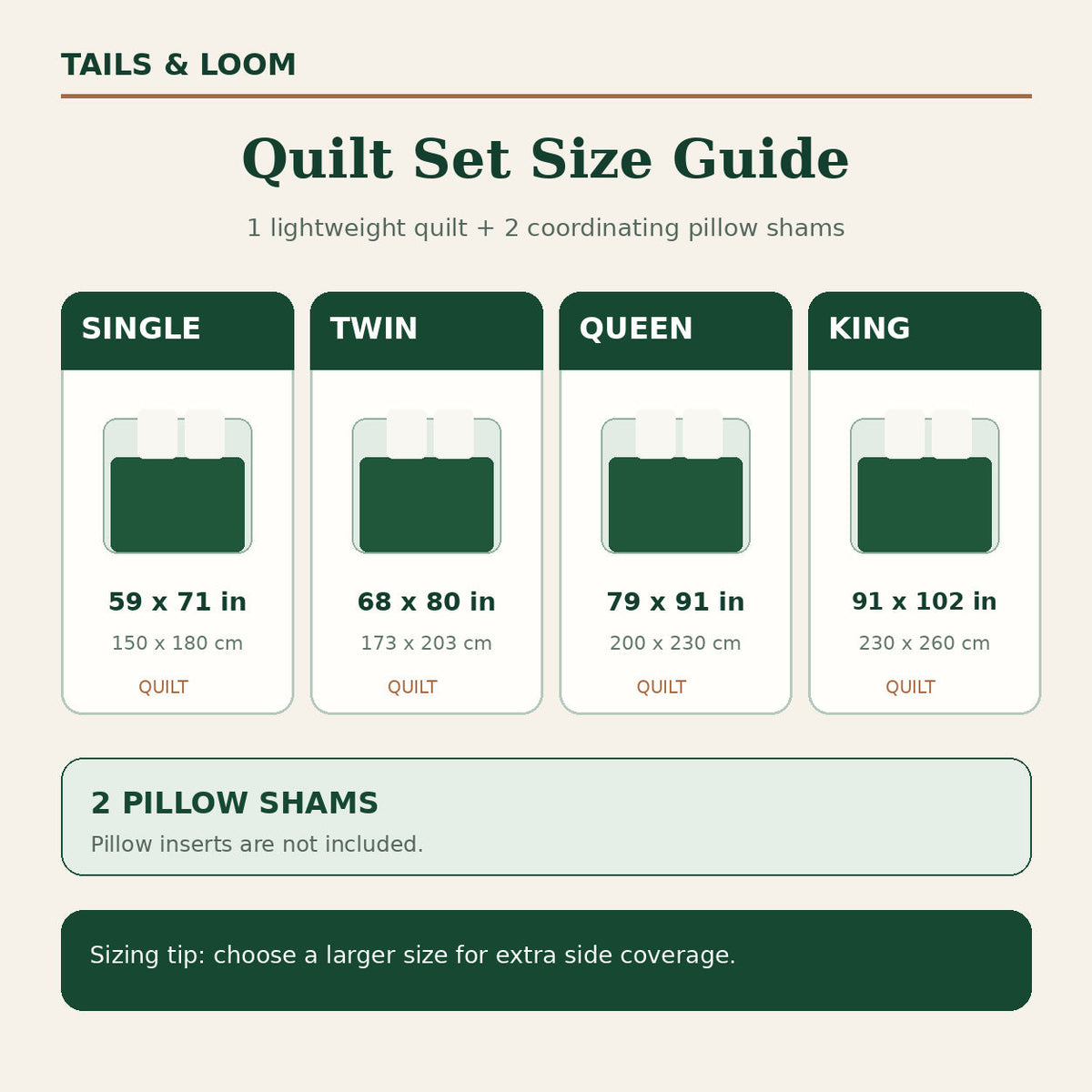 Quilt set size chart for Single Twin Queen and King