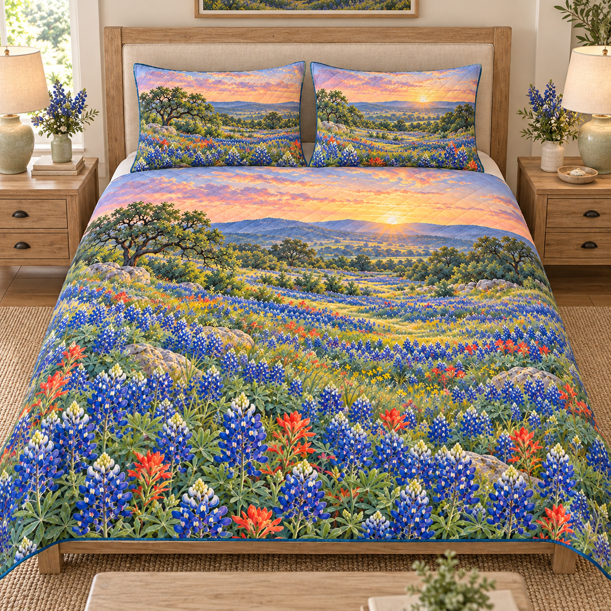 Bluebonnet Meadow Quilt Set with two matching pillow shams – front view