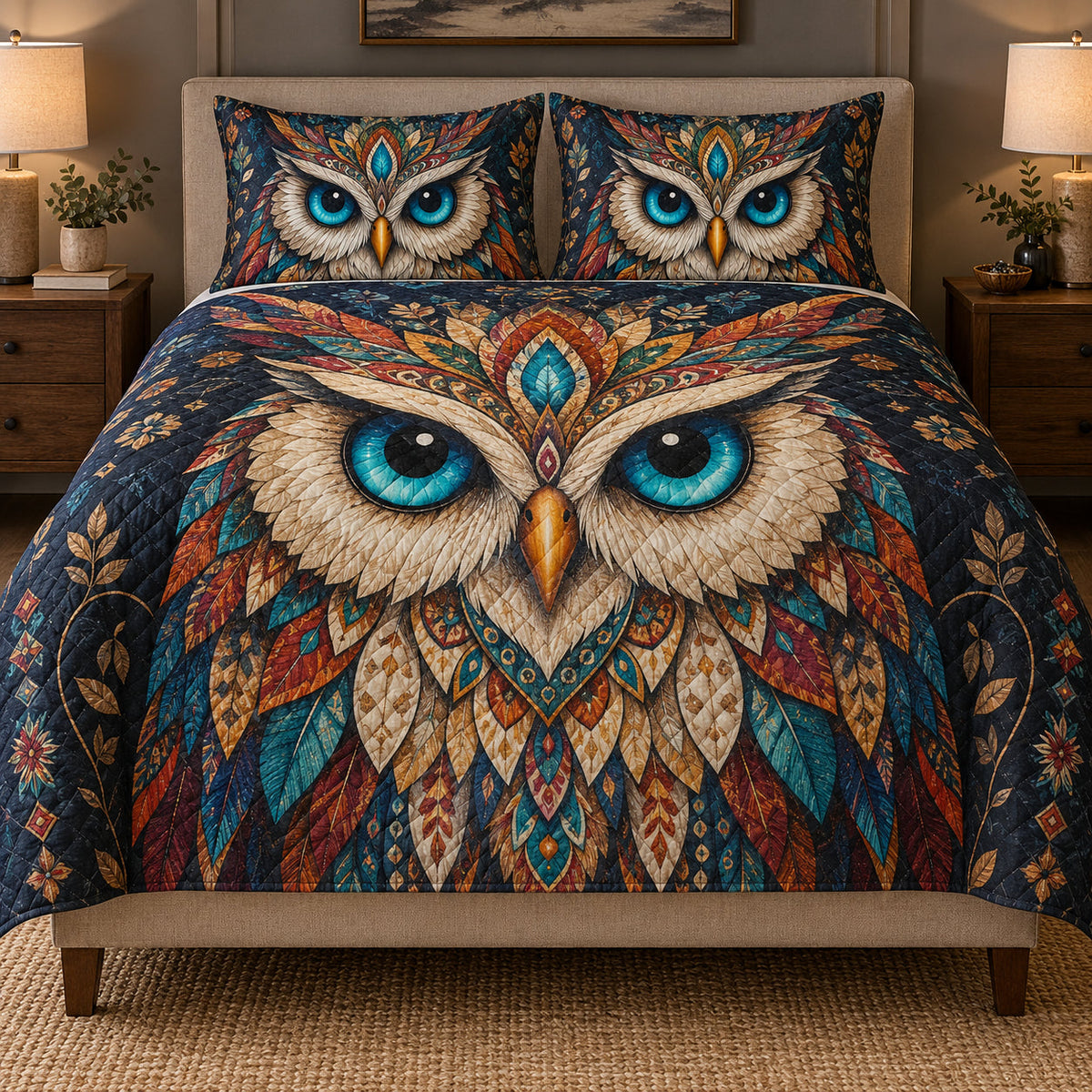 Boho Blue Eyed Owl Quilt Set: bedroom mockup showing the quilt design and coordinating pillow shams