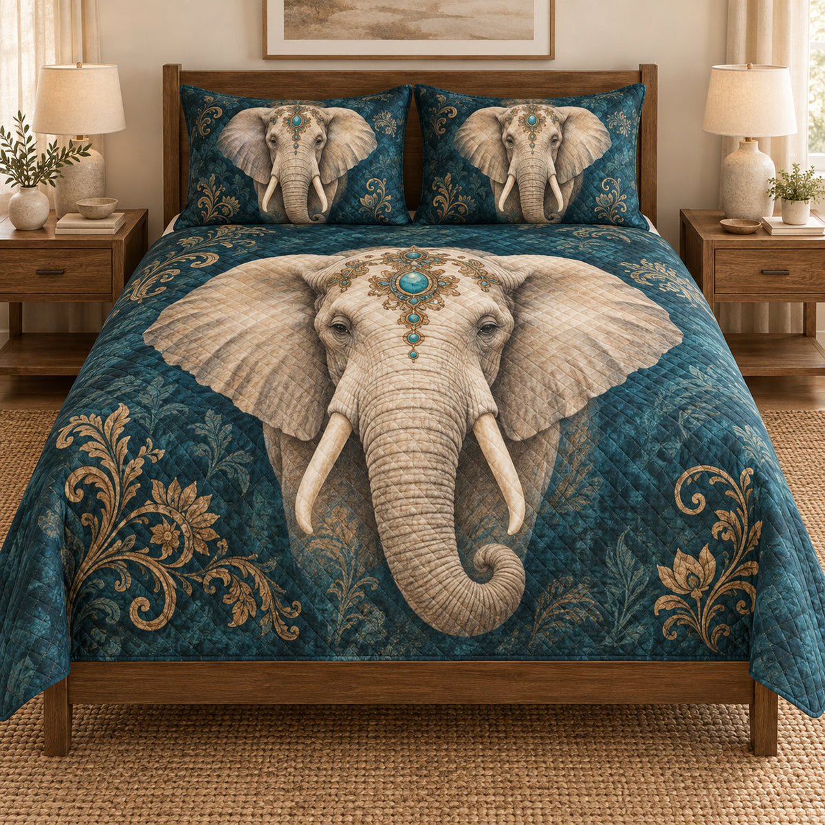 Boho Elephant Teal Gold quilt set displayed on a bed with coordinating pillow shams