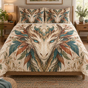 Boho Feather Dragon Fantasy Quilt Set: bedroom mockup showing the quilt design and coordinating pillow shams