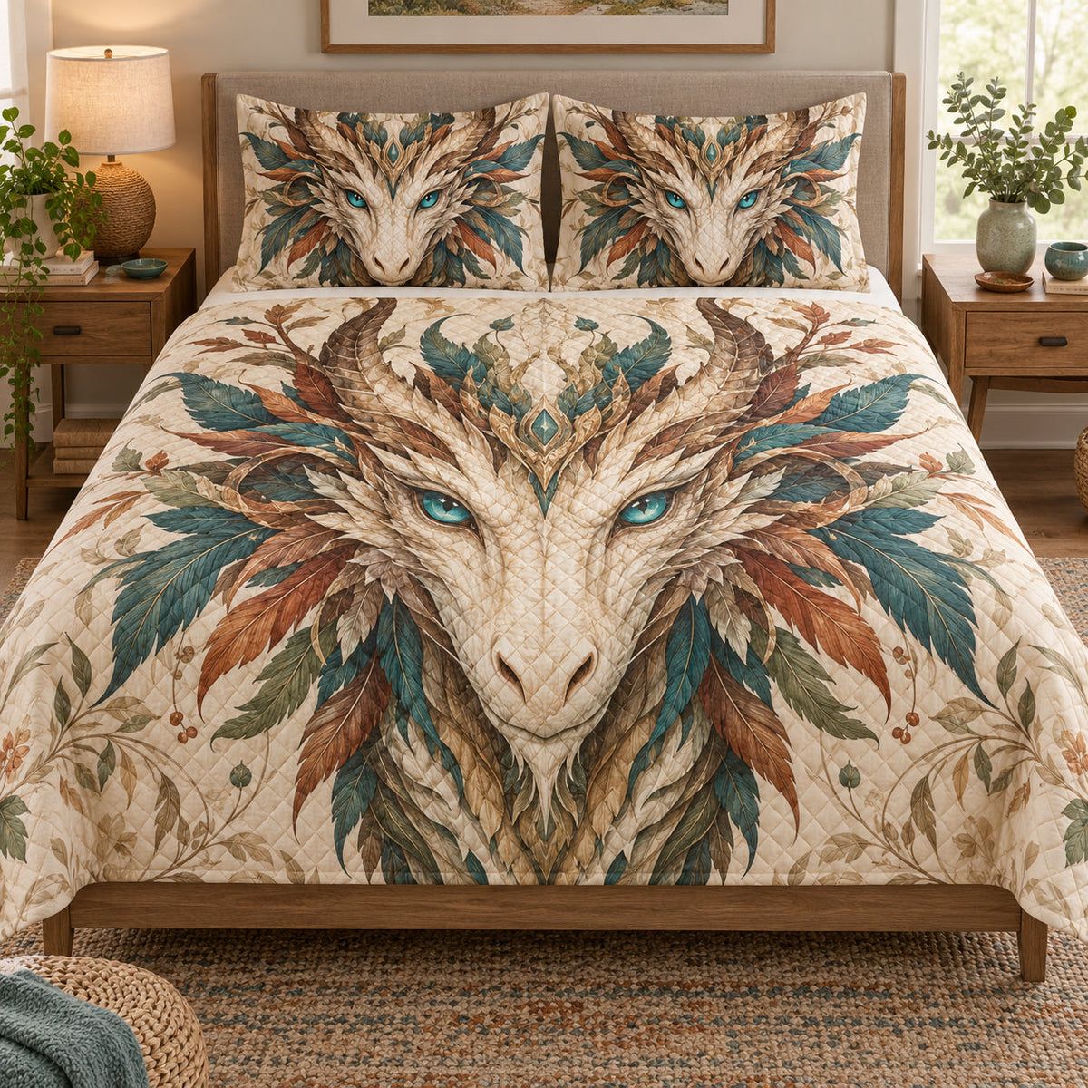 Boho Feather Dragon Fantasy Quilt Set: bedroom mockup showing the quilt design and coordinating pillow shams