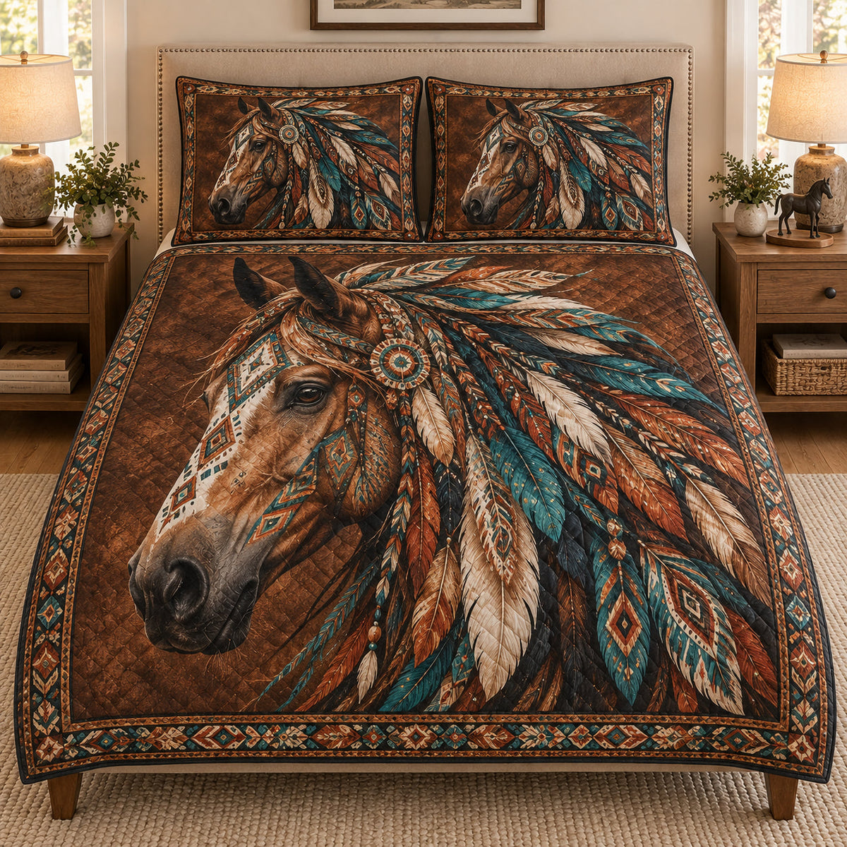 Boho Horse Feather Western quilt design with coordinating pillow shams