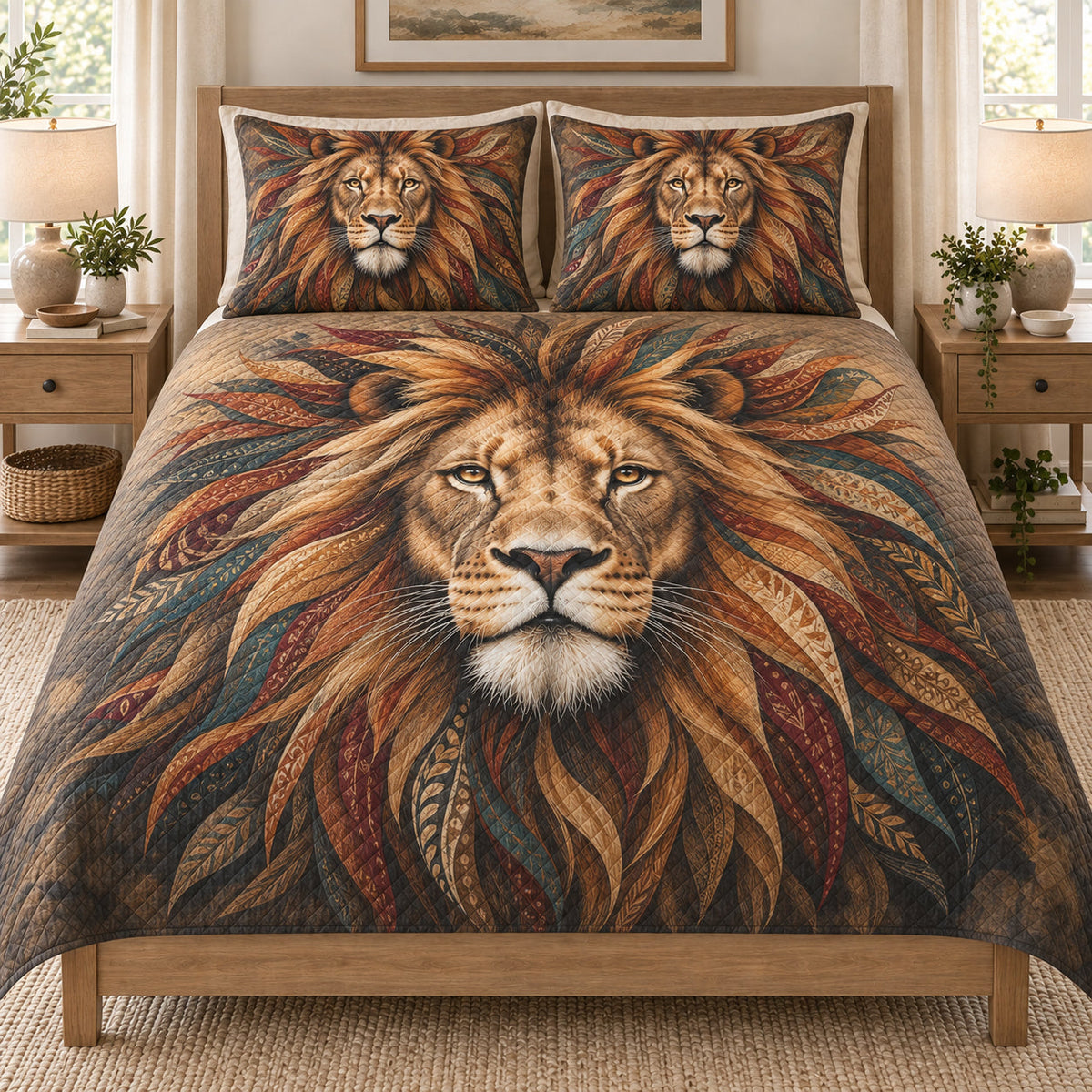 Boho Lion Tribal Feather quilt set displayed on a bed with coordinating pillow shams