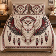 Boho Owl Feather Dreamcatcher Quilt Set: bedroom mockup showing the quilt design and coordinating pillow shams