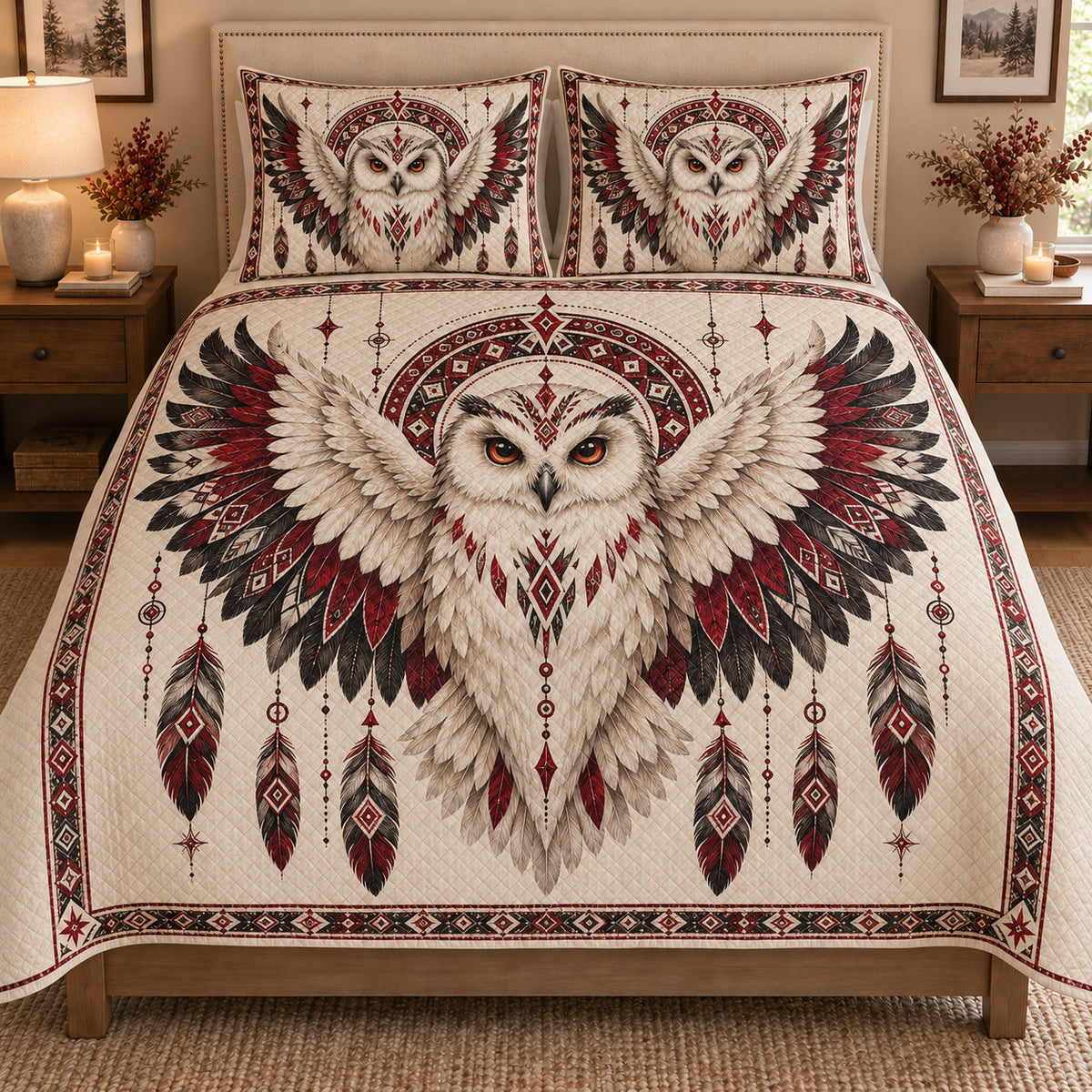 Boho Owl Feather Dreamcatcher Quilt Set: bedroom mockup showing the quilt design and coordinating pillow shams