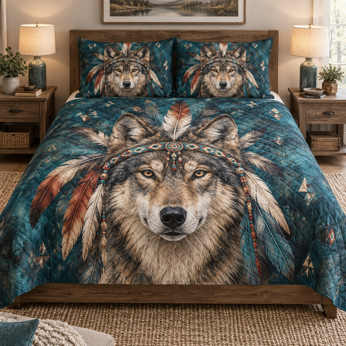 Boho Wolf Feather Headdress quilt set displayed on a bed with coordinating pillow shams