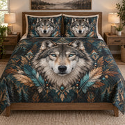 Boho Wolf Feather Nature quilt set displayed on a bed with coordinating pillow shams