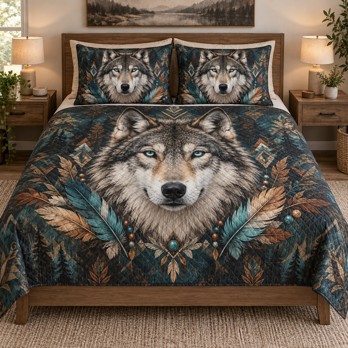 Boho Wolf Feather Nature quilt set displayed on a bed with coordinating pillow shams