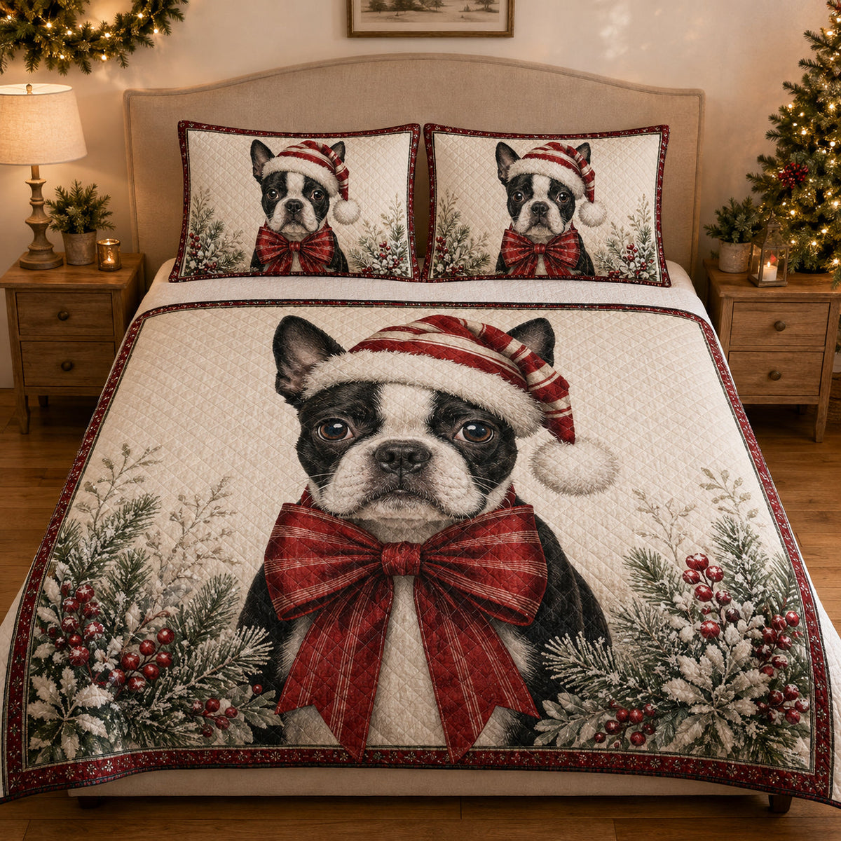Boston Terrier Christmas quilt design with coordinating pillow shams
