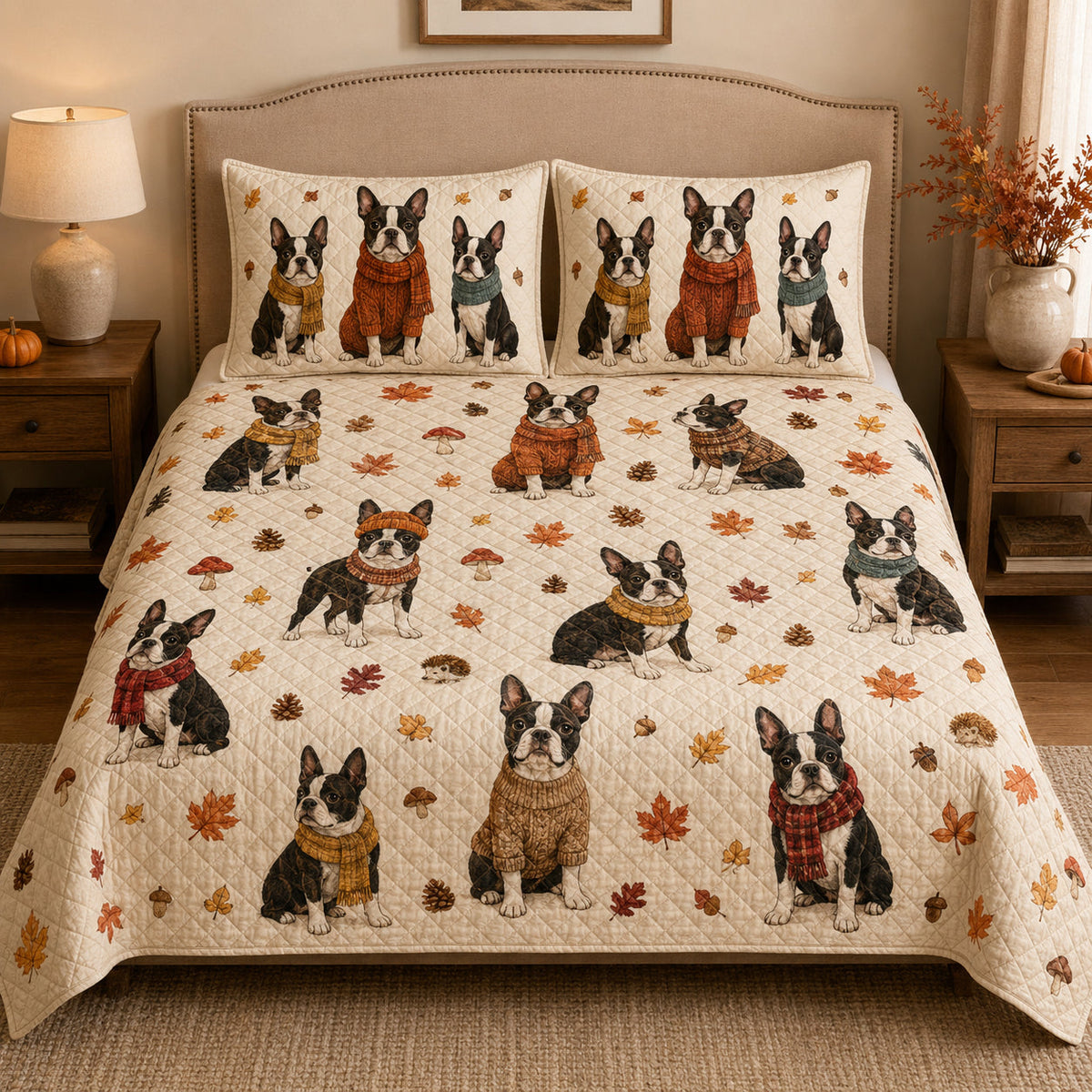 Boston Terrier Autumn quilt design with coordinating pillow shams