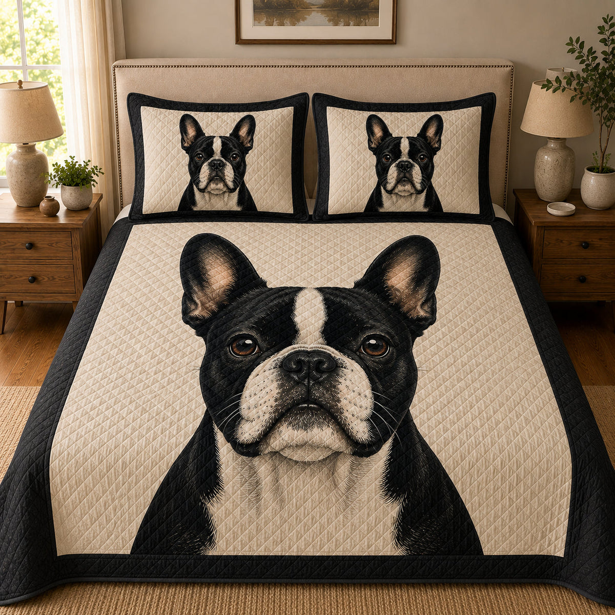 Boston Terrier Black and White quilt design with coordinating pillow shams