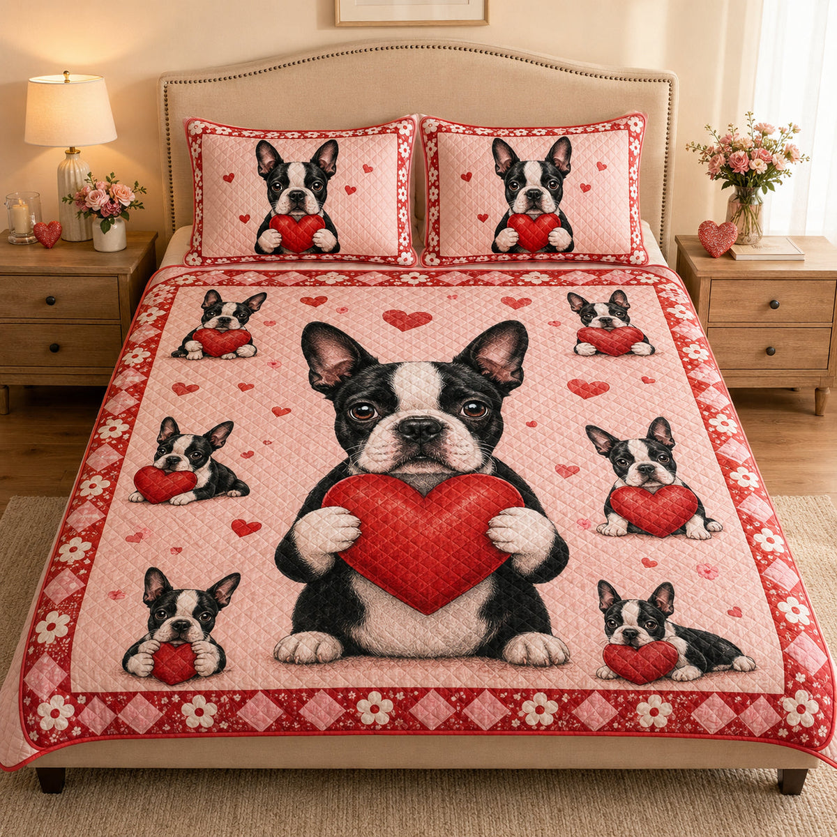 Boston Terrier Heart quilt design with coordinating pillow shams