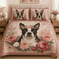 Boston Terrier Rose Floral Quilt Set
