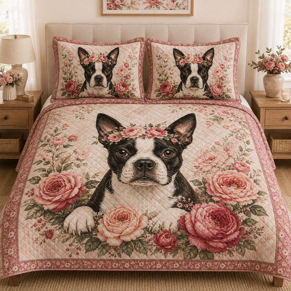Boston Terrier Rose Floral quilt design with coordinating pillow shams