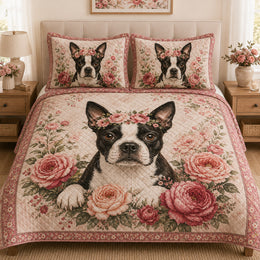 Boston Terrier Rose Floral Quilt Set