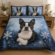 Boston Terrier Winter Snowflake quilt design with coordinating pillow shams
