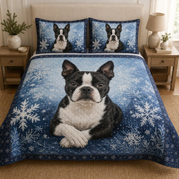 Boston Terrier Winter Snowflake Quilt Set