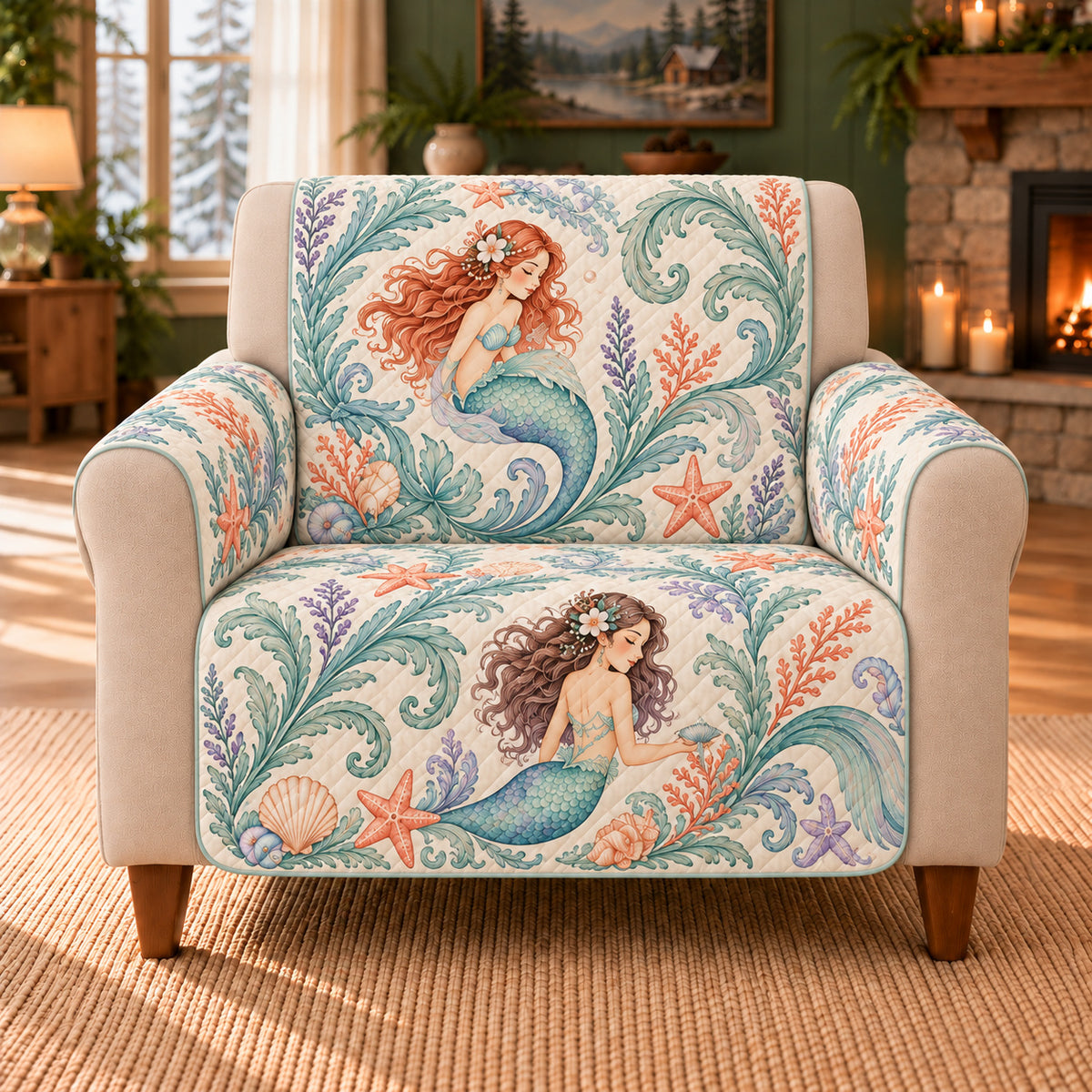Botanical Mermaid Scrolls sofa cover on a beige armchair