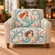 Botanical Mermaid Scrolls sofa cover on a beige armchair