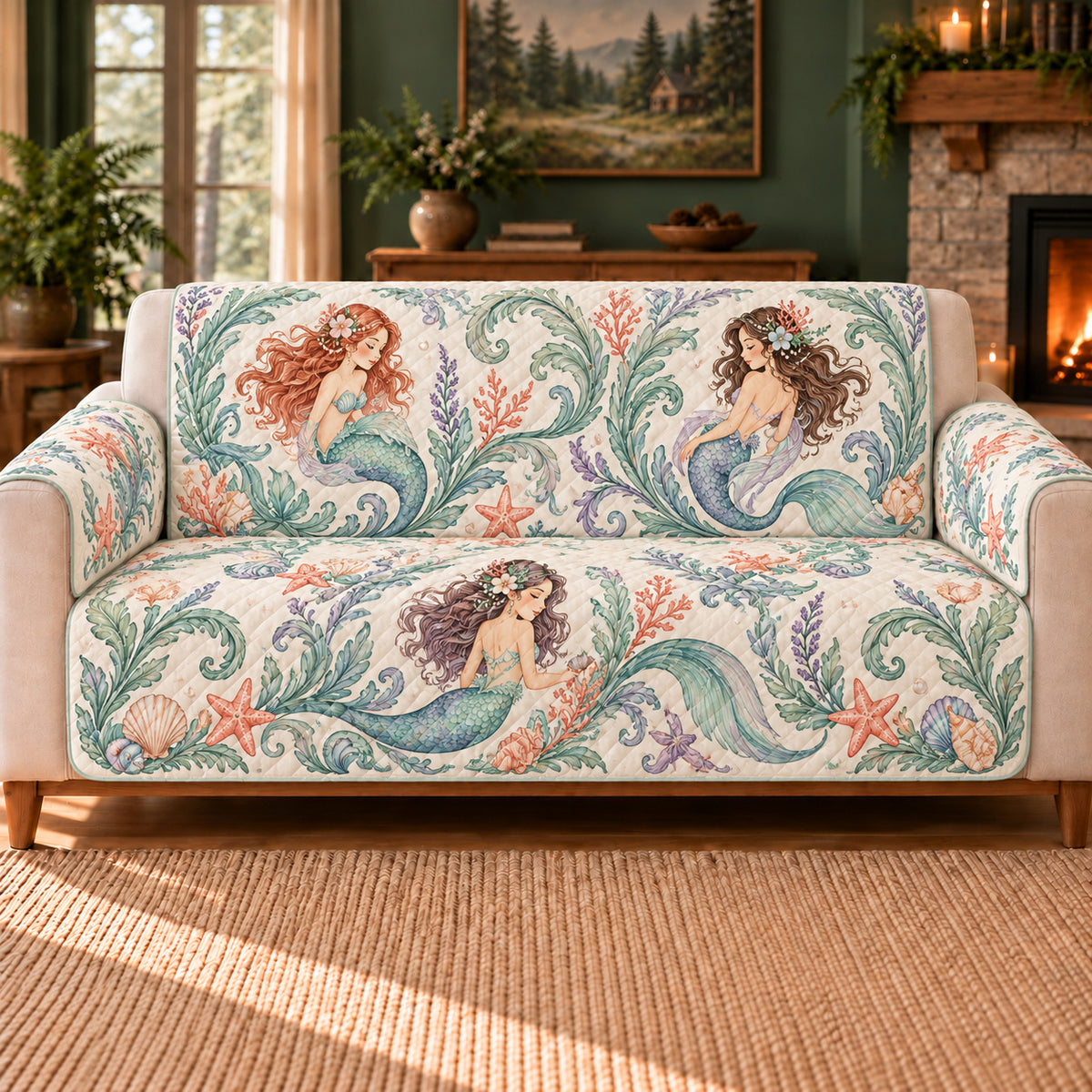 Botanical Mermaid Scrolls sofa cover on a beige sofa
