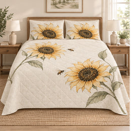 Botanical Sketch Sunflower Quilt Set, Cottage Bedding Gift for Garden Lovers