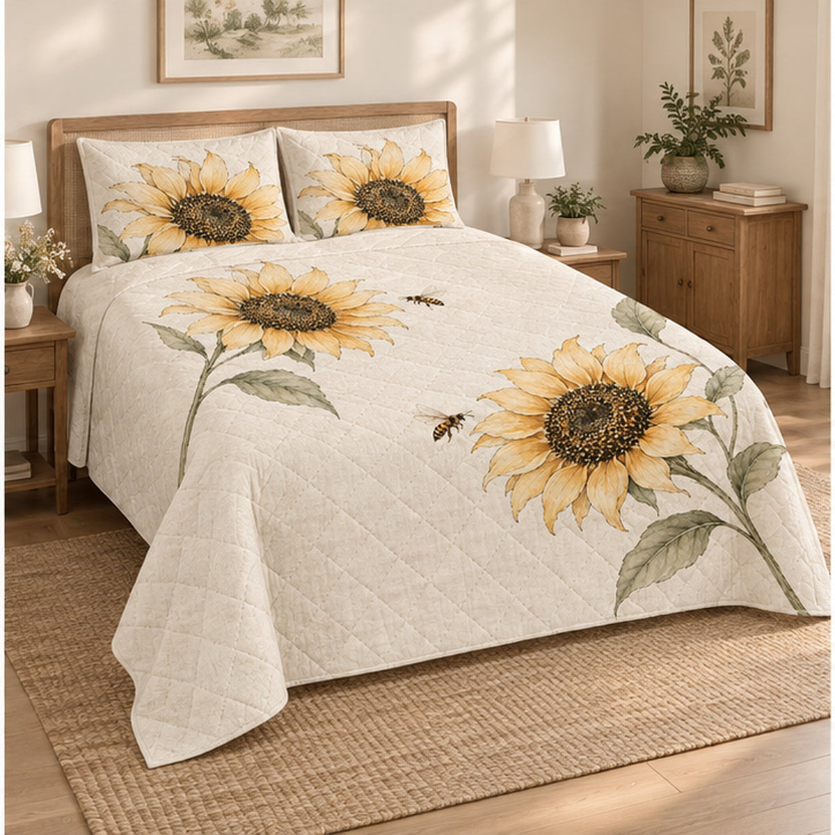 Botanical Sketch Sunflower Quilt Set left angle