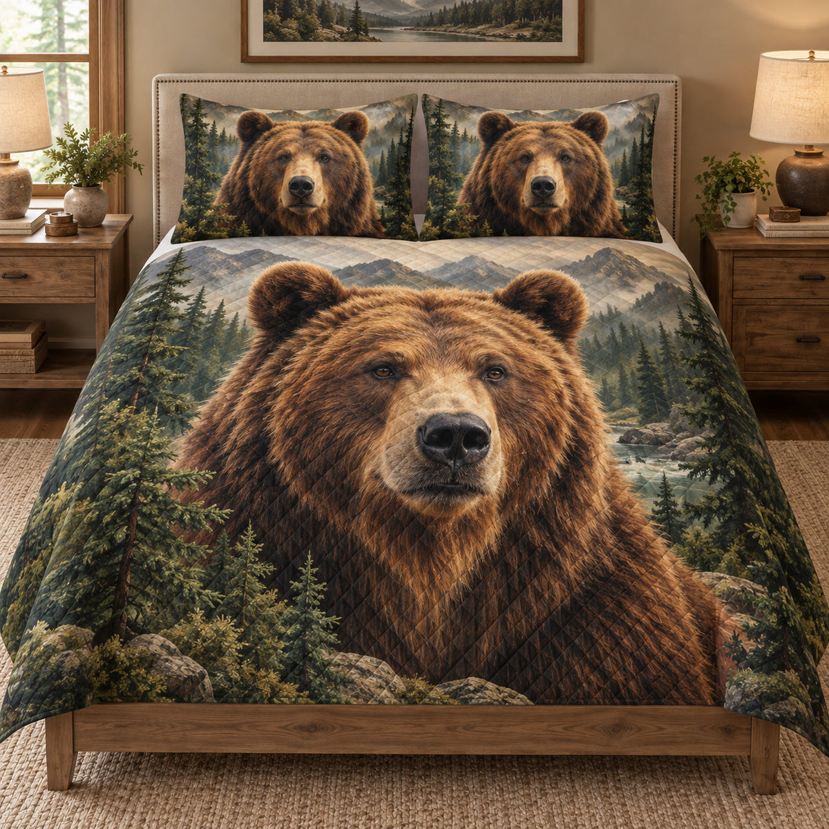 Brown Bear Mountain Forest quilt set displayed on a bed with coordinating pillow shams