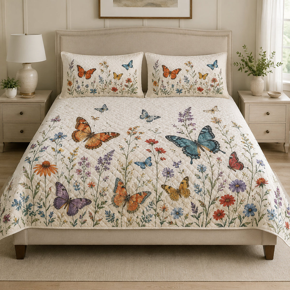 Butterfly Wildflower quilt design with coordinating pillow shams