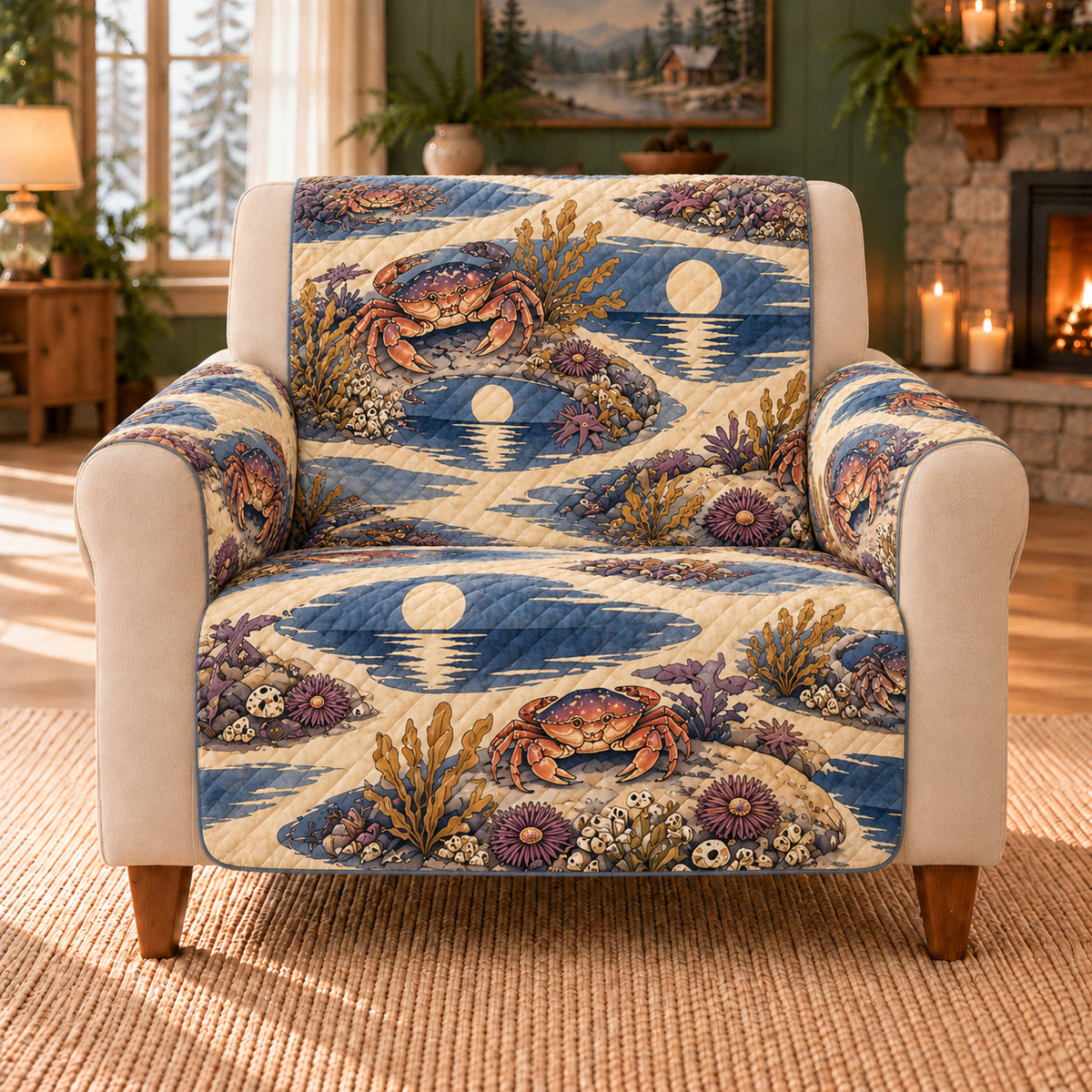 Cancer Tidepool Rhythm sofa cover on a beige armchair