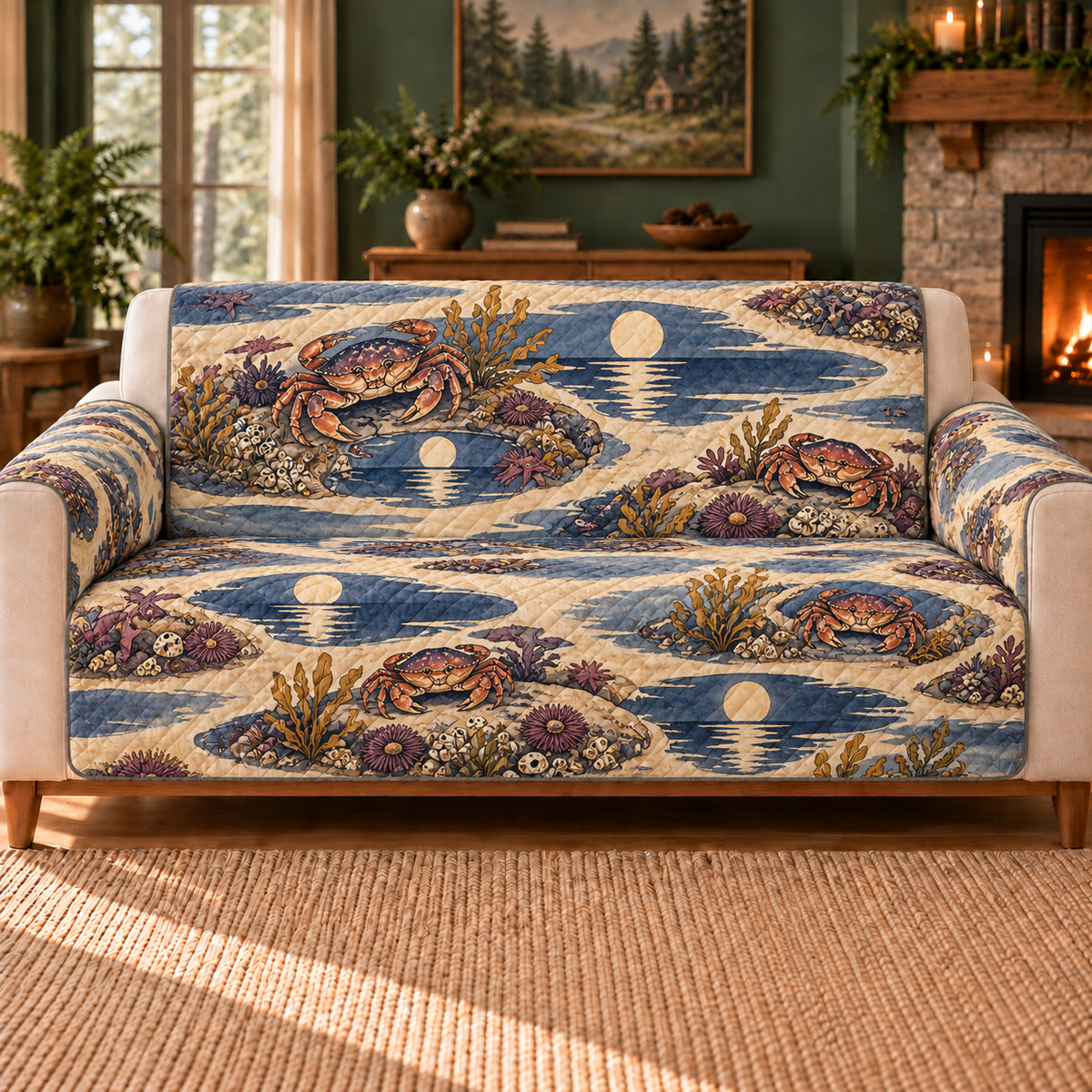 Cancer Tidepool Rhythm sofa cover on a beige sofa