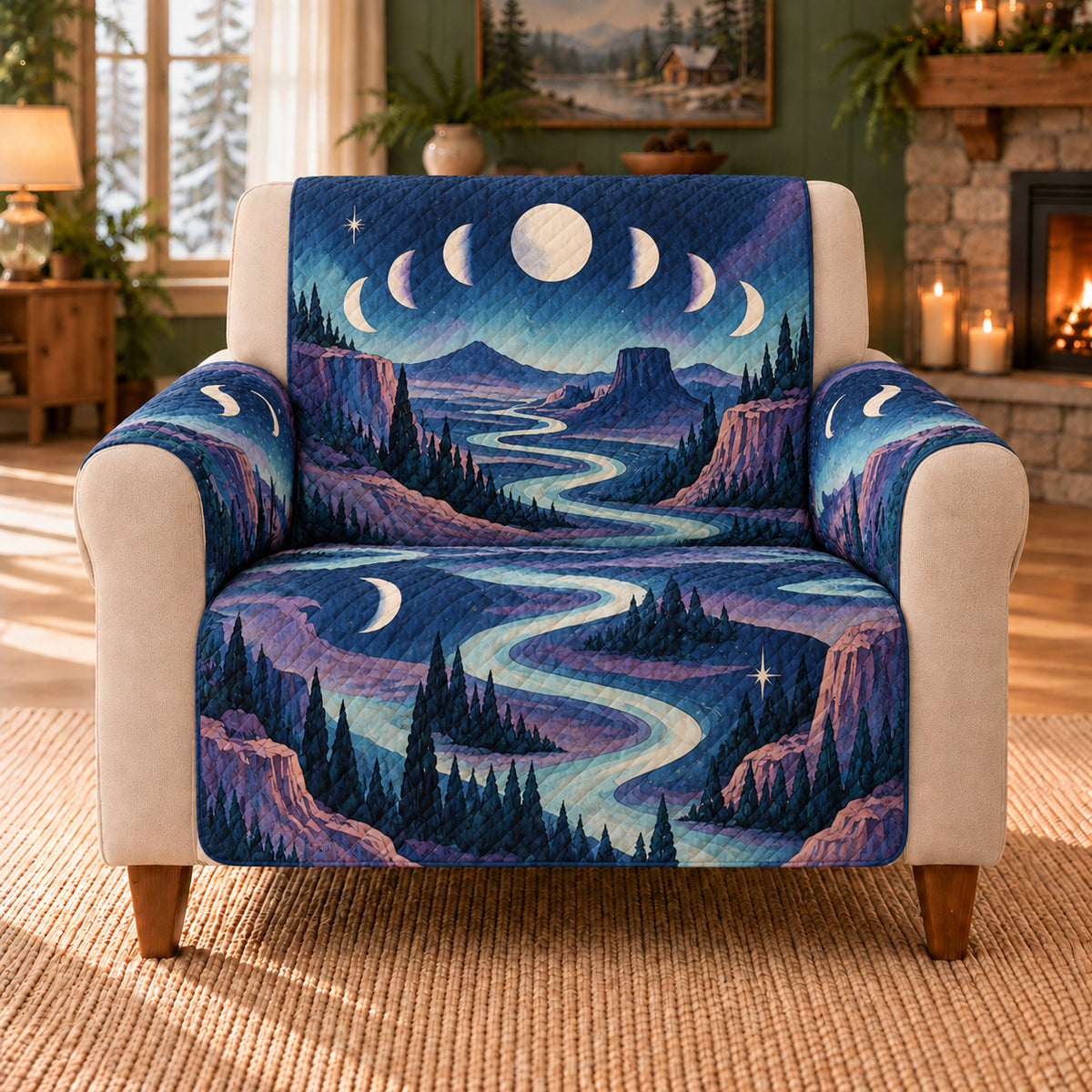 Canyon Moon Meander sofa cover on a beige armchair
