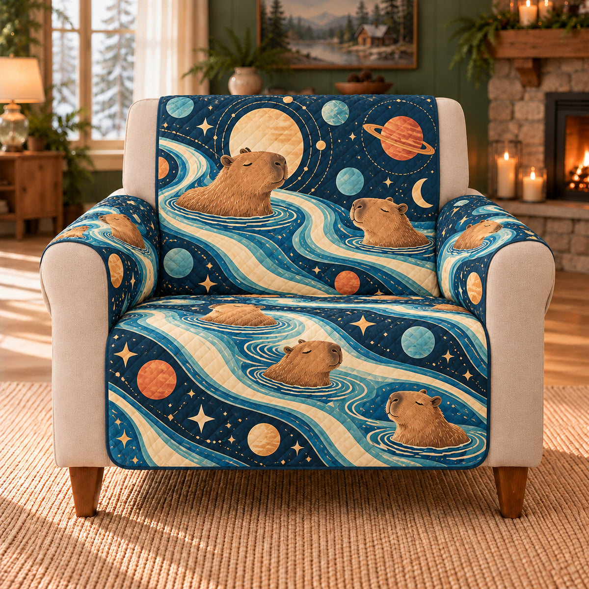 Capybara Cosmic Currents sofa cover on a beige armchair