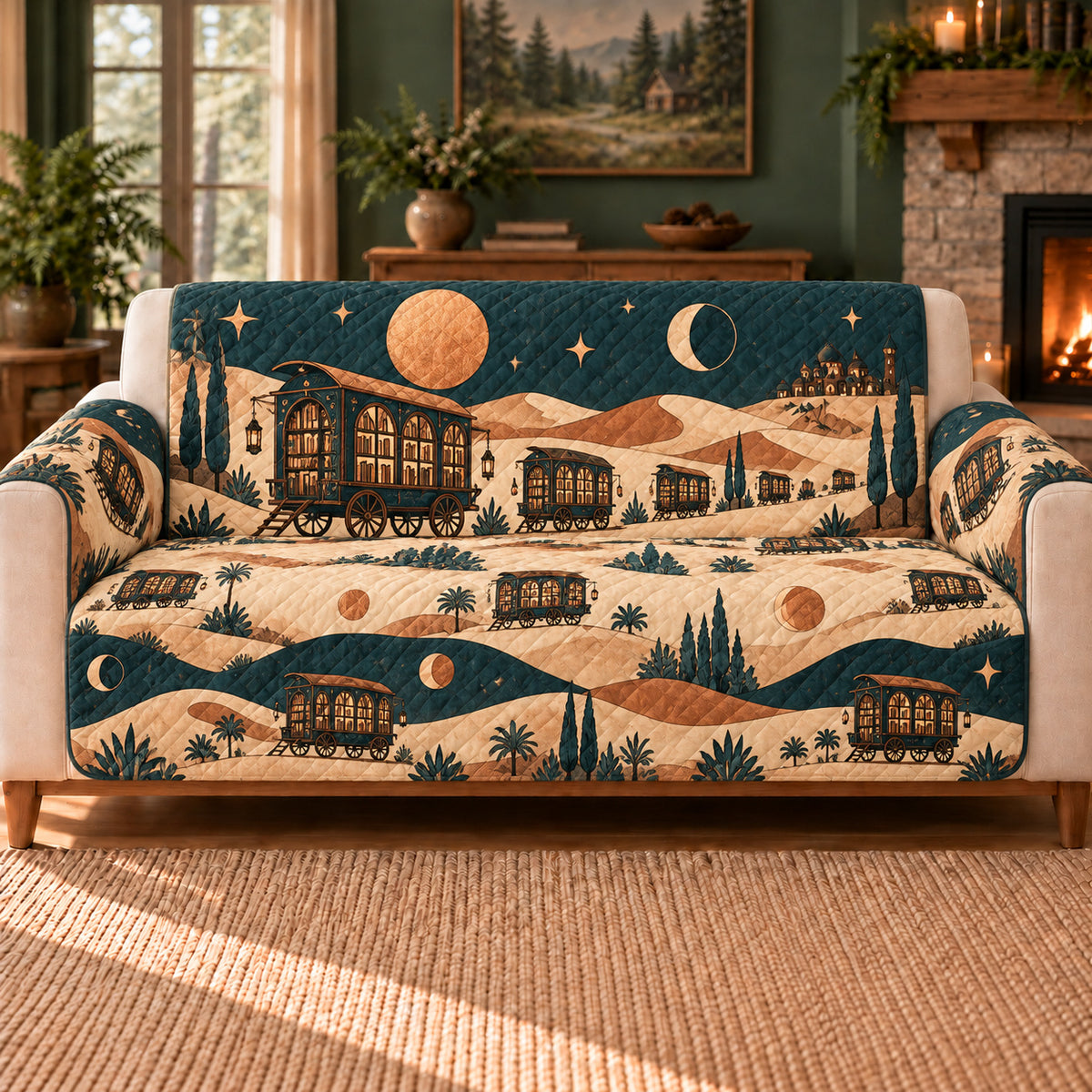 Caravan Book Windows sofa cover on a beige sofa