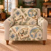 Cartography Tool Repeat sofa cover on a beige armchair