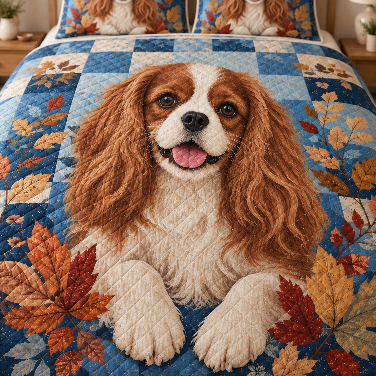 Close-up of Cavalier artwork and diamond stitching on blue autumn patchwork quilt