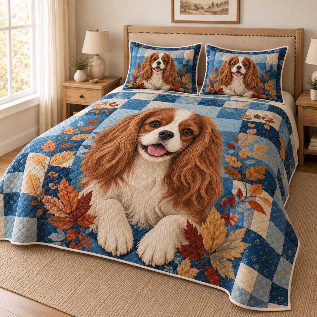 Cavalier King Charles Spaniel autumn quilt set, right side drape view
