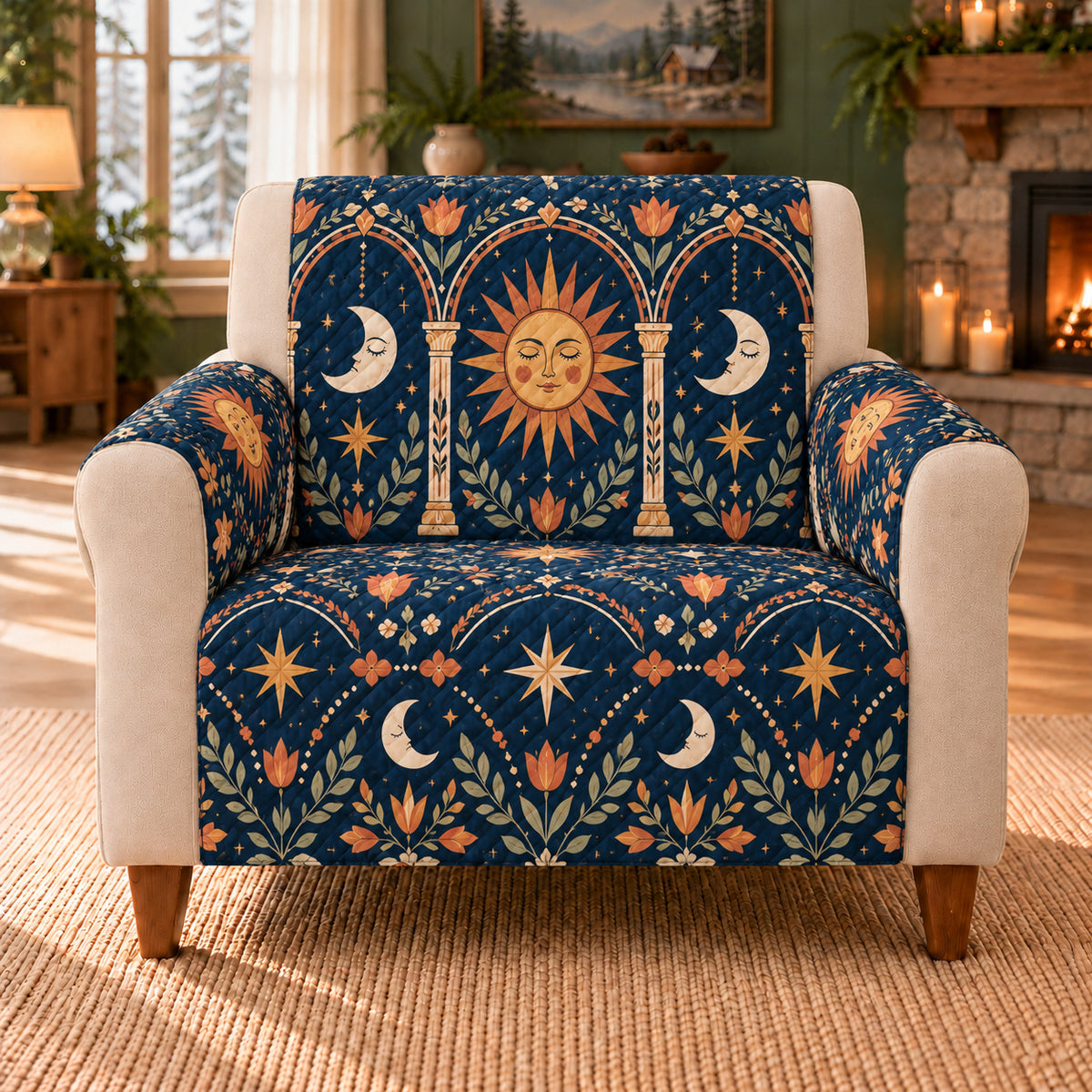 Celestial Arcade cover on a beige armchair, AI-generated design preview