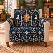 Celestial Arcade cover on a beige armchair, AI-generated design preview