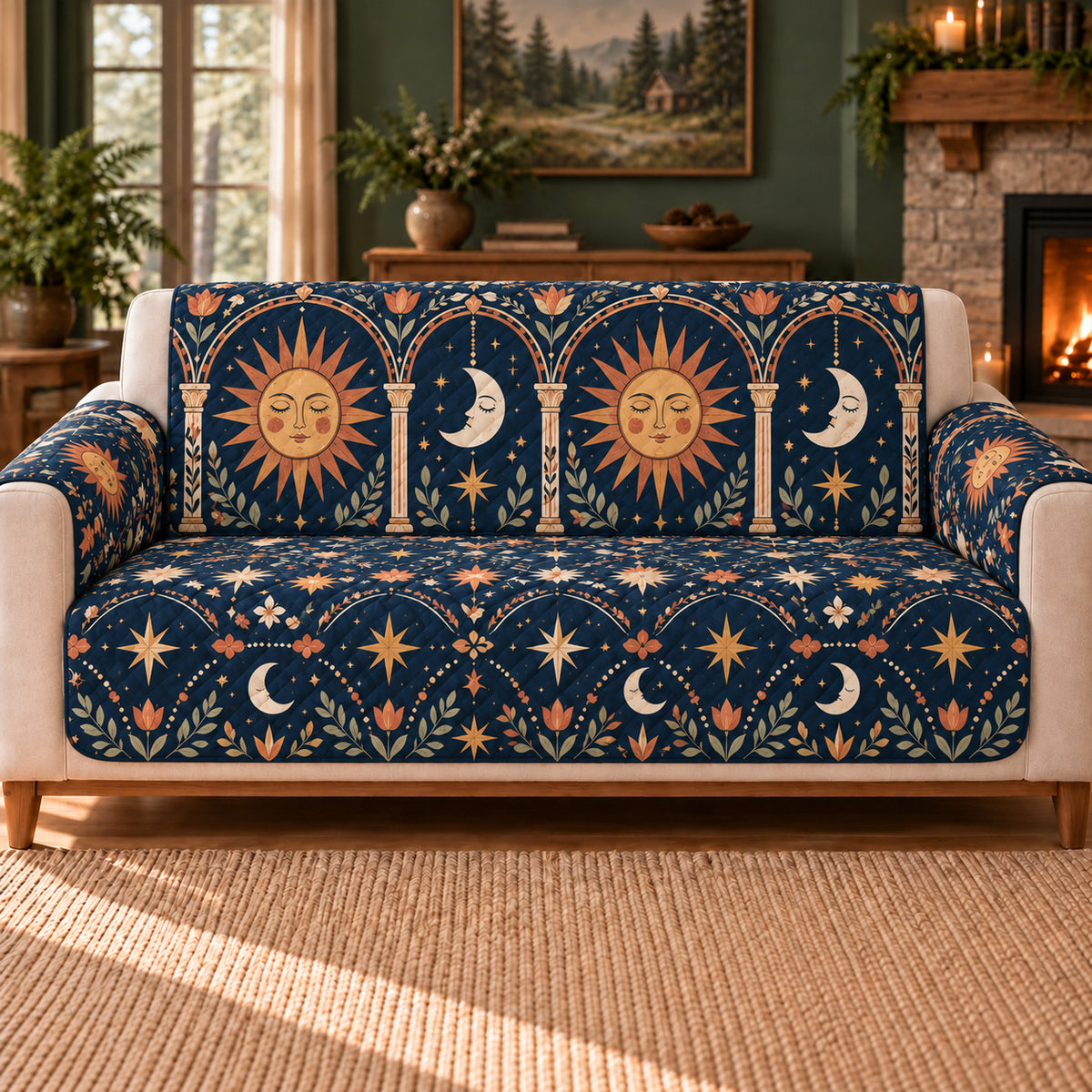 Celestial Arcade cover on a beige sofa, AI-generated design preview