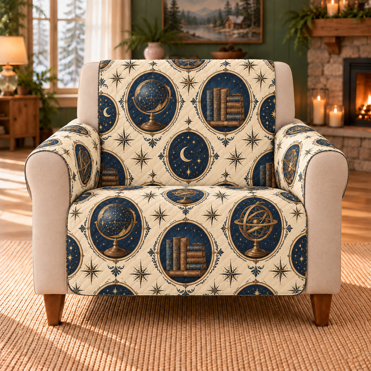 Celestial Globe Cameos sofa cover on a beige armchair