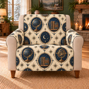Celestial Globe Cameos sofa cover on a beige armchair