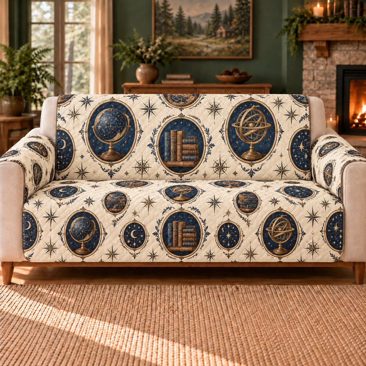 Celestial Globe Cameos sofa cover on a beige sofa