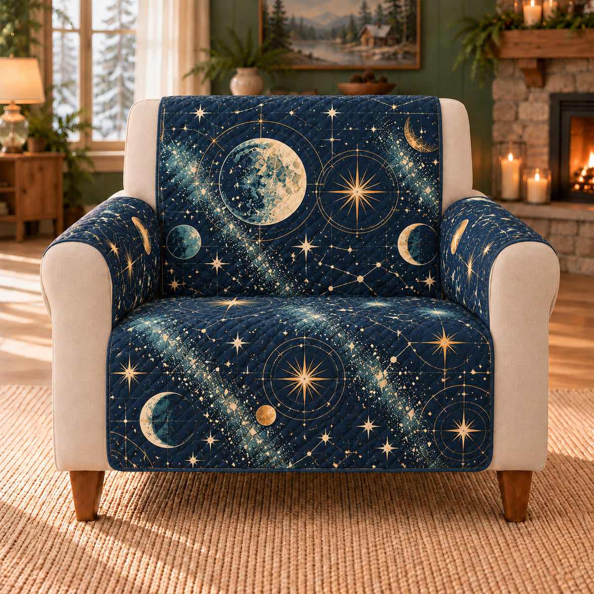 Celestial Grid Breaks sofa cover on a beige armchair