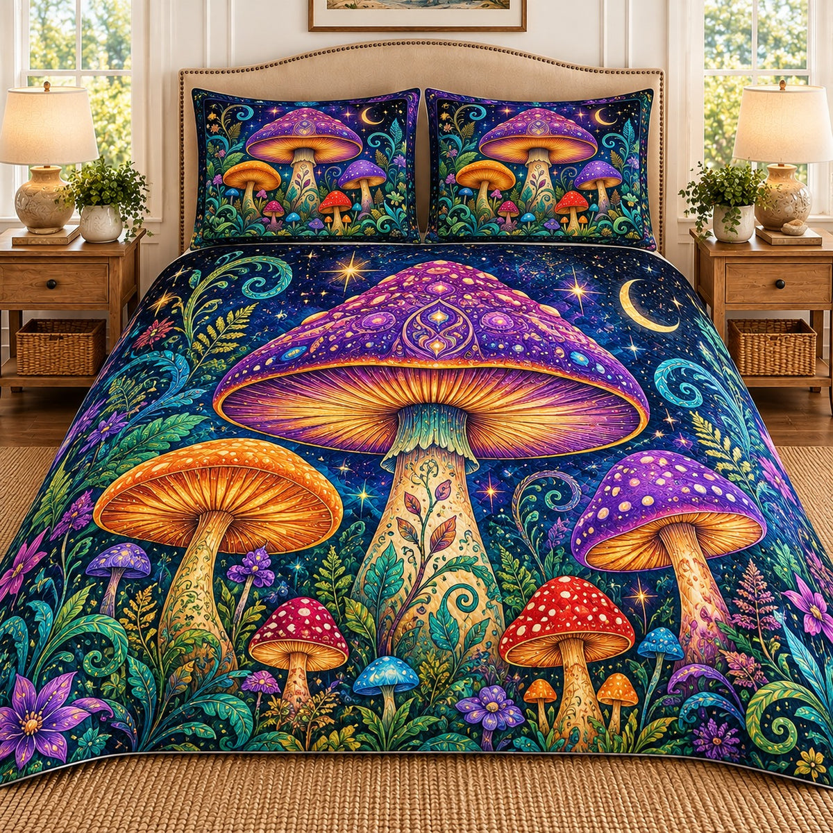 Celestial mushroom moon fantasy quilt set, view 1, AI-generated product mockup