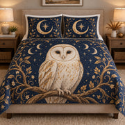 Celestial Owl Moon Stars Quilt Set: bedroom mockup showing the quilt design and coordinating pillow shams
