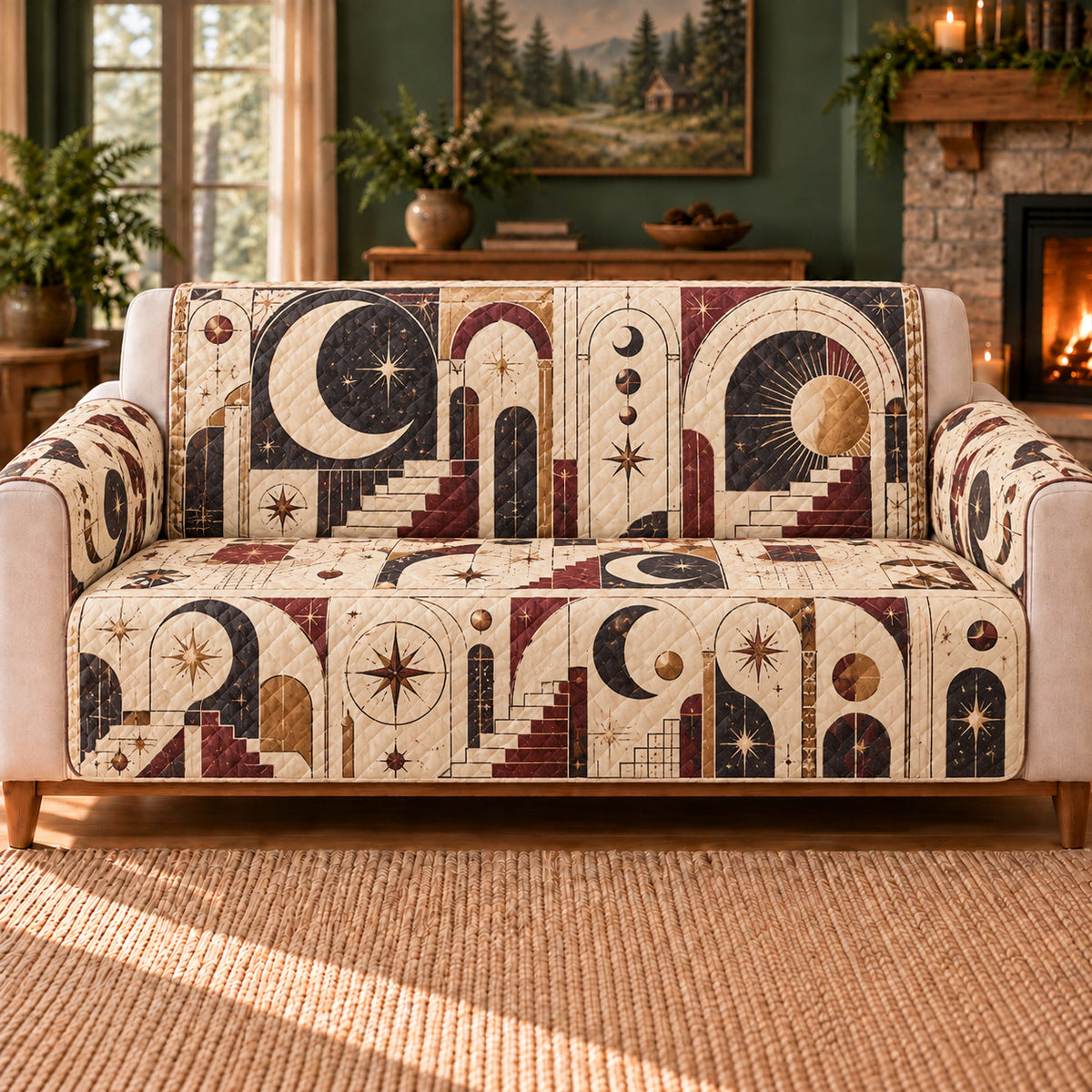 Celestial Stair Mosaic sofa cover on a beige sofa