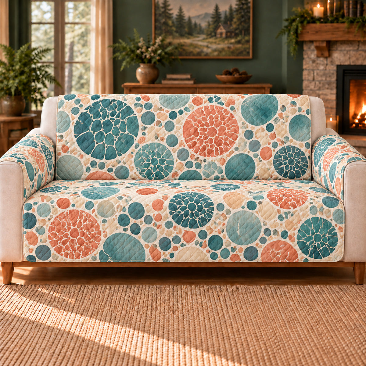 Cellular Bubble Mosaic sofa cover on a beige sofa
