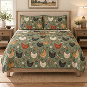 Chicken Floral Sage Green Farmhouse quilt design with coordinating pillow shams