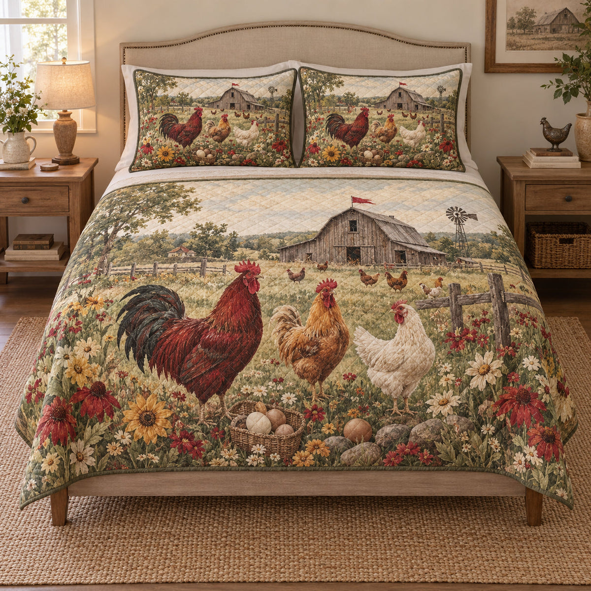 Chicken Rooster Barn Farmhouse quilt design with coordinating pillow shams